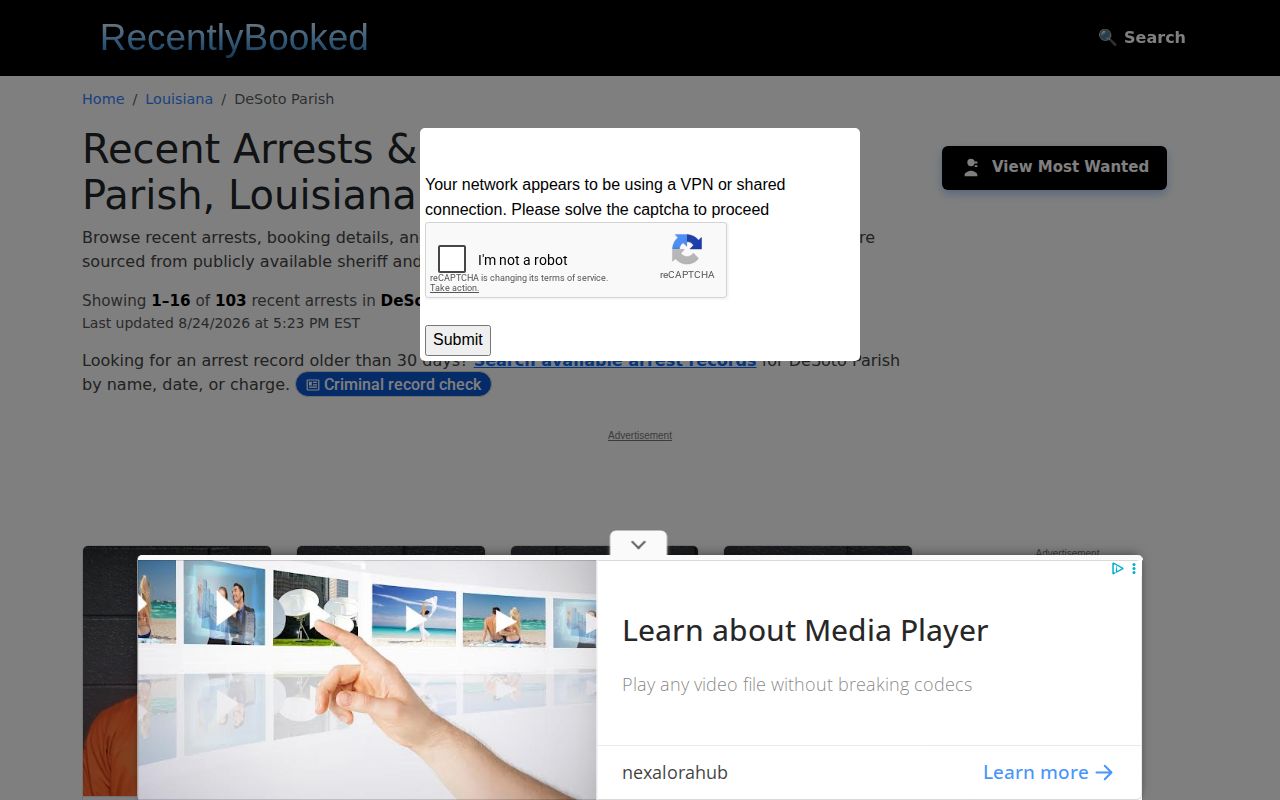 RecentlyBooked unofficial DeSoto Parish page showing its interface and update marker